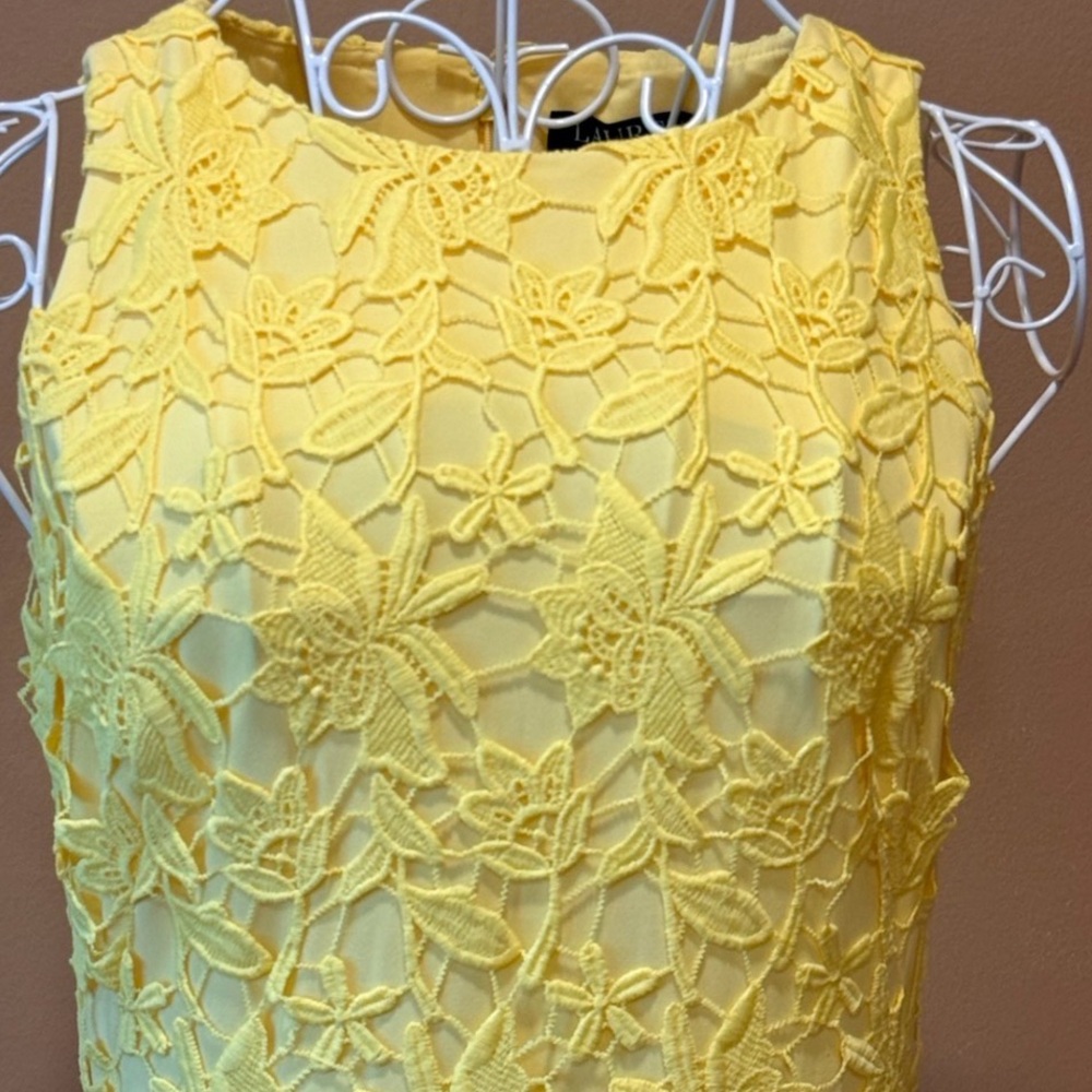 Lauren Ralph Lauren Yellow Floral Lace Sheath Dress Scalloped Hem Size 2 - Picture 3 of 7